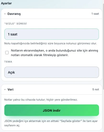 Ayarlar: gizleme süresi, tema ve JSON yedekleme