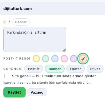 Notu yerinde düzenleme: metin, 6 renk ve görünüm seçimi