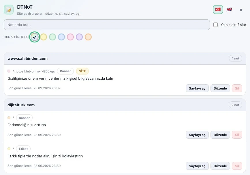 Notlarım paneli: siteye göre gruplu liste, arama ve renk filtresi