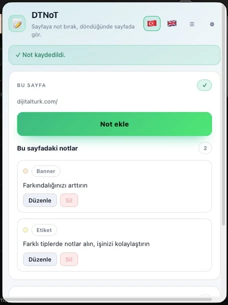 Eklenti popup'ı: sayfanın notları ve yeni not ekleme